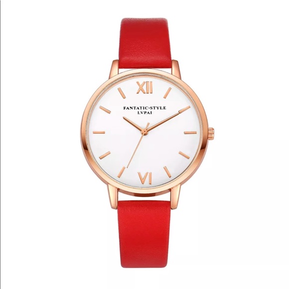 Accessories - NWT red vegan leather gold white face watch
